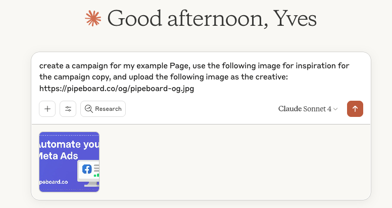Example prompt showing uploaded image and URL