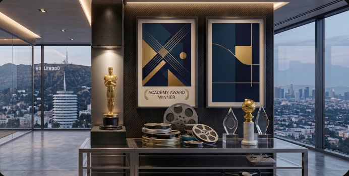 Awards display in a film studio office, with the Hollywood hills beyond the window