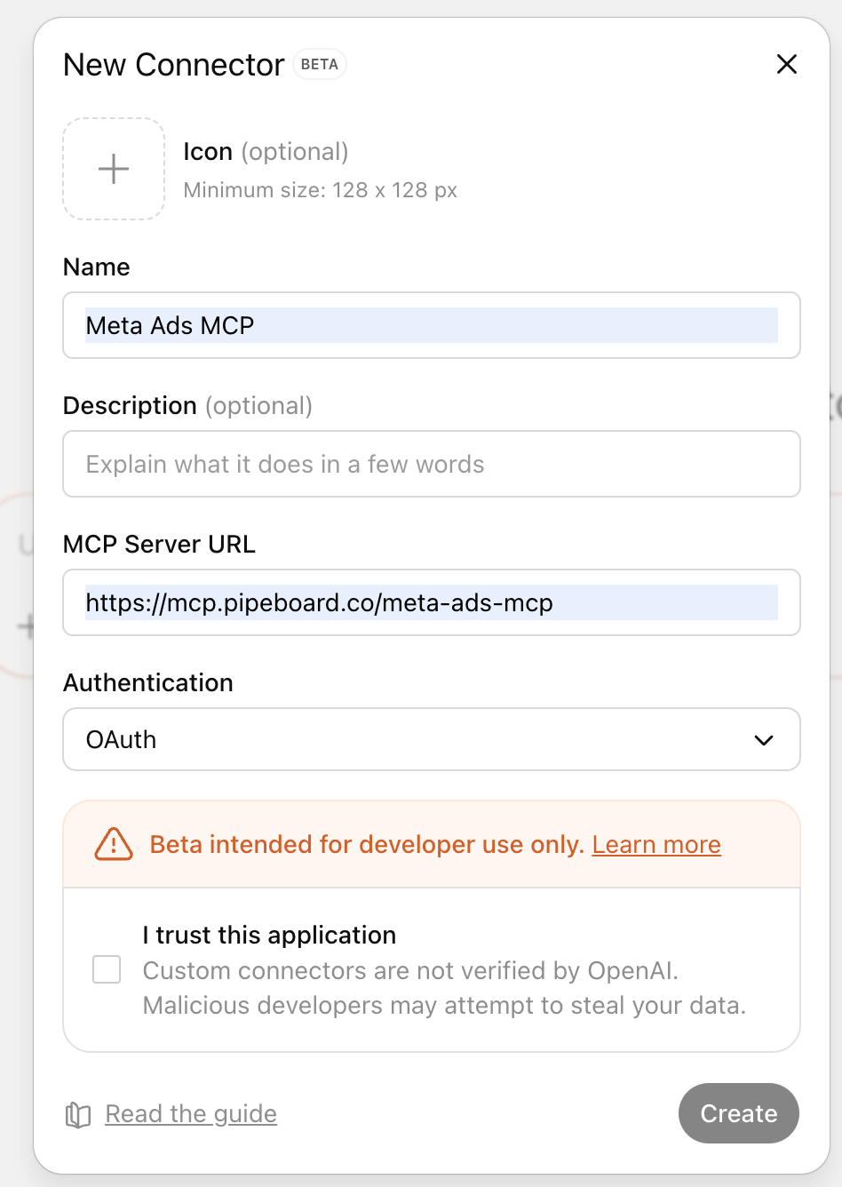 Fill the New Connector with name, URL, OAuth and trust toggle