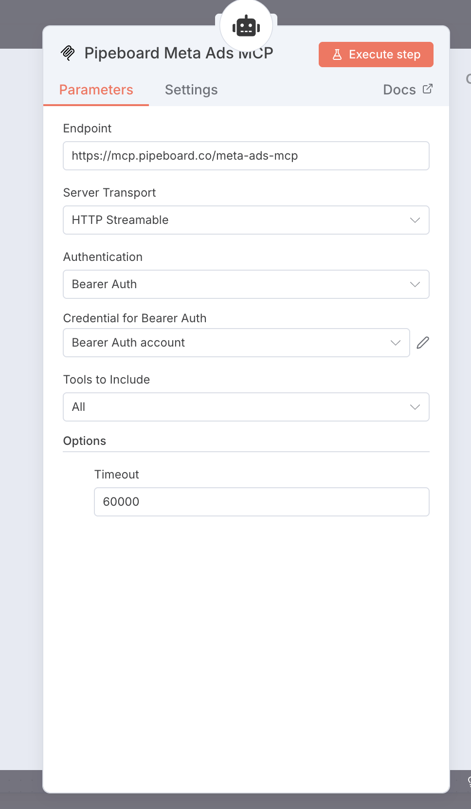Choose HTTP Streamable transport and Bearer Auth