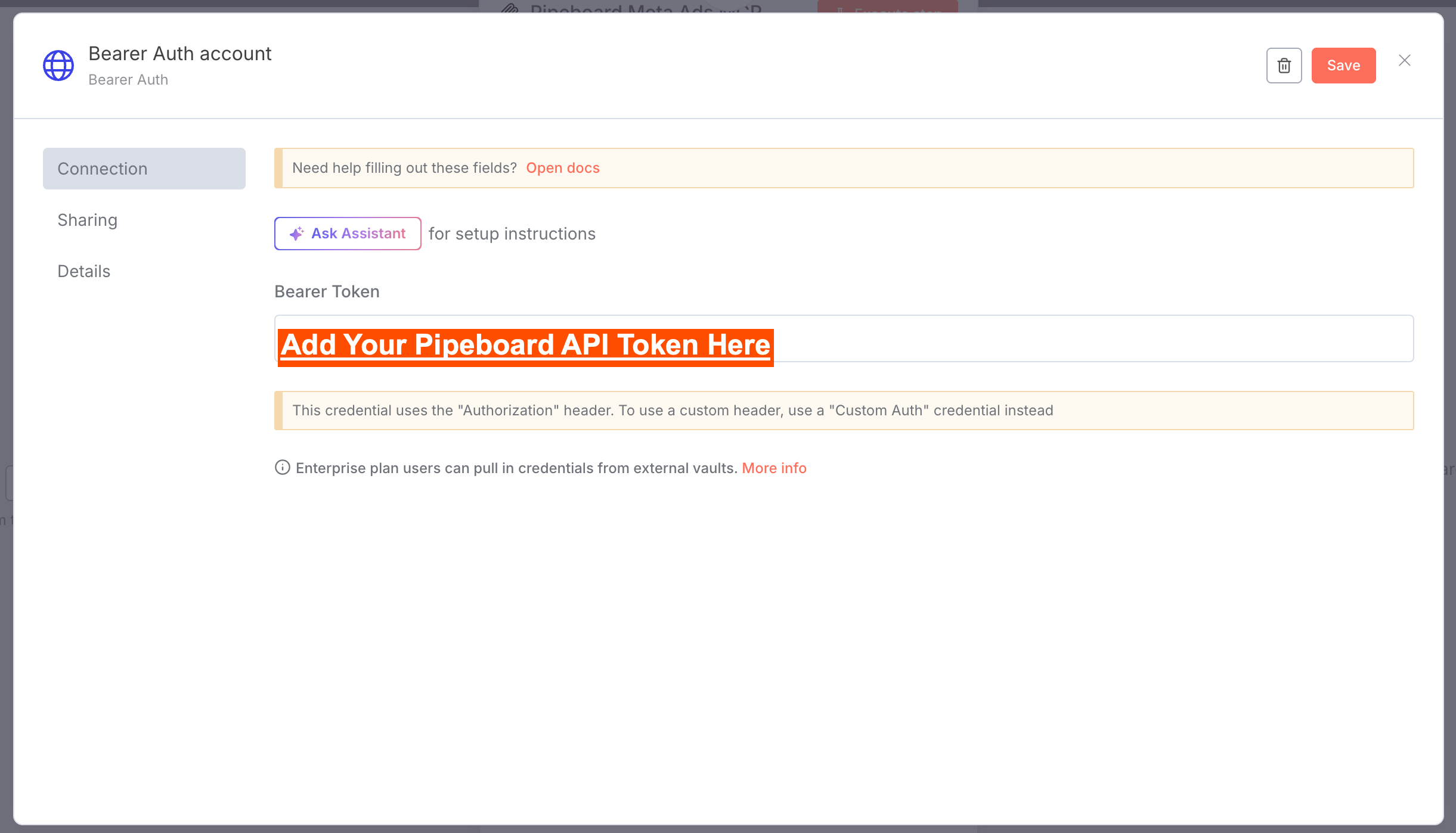 Paste the Pipeboard API token in n8n Bearer Auth credential
