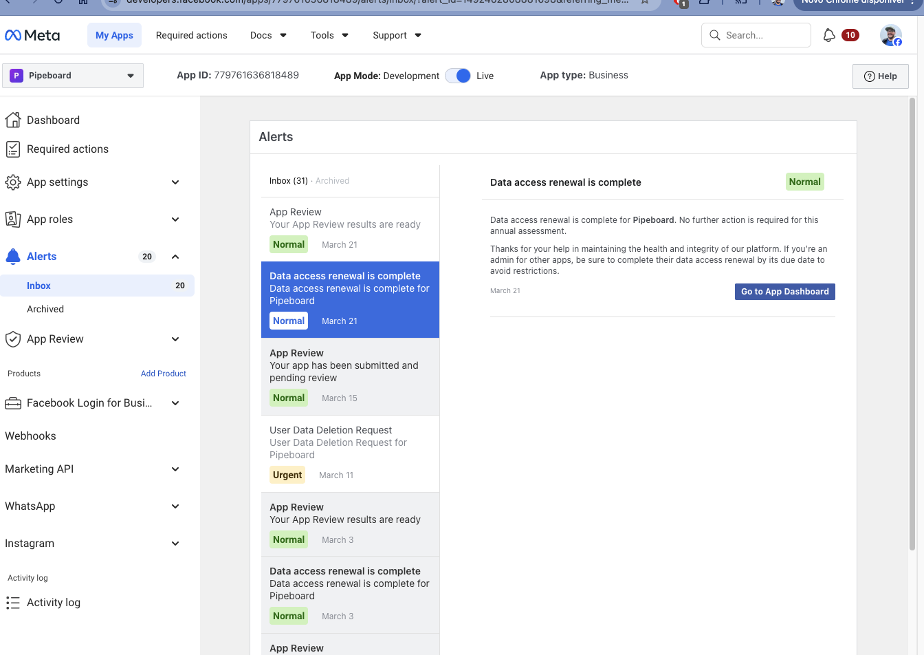Meta App Review dashboard showing Data Access Renewal is complete for Pipeboard