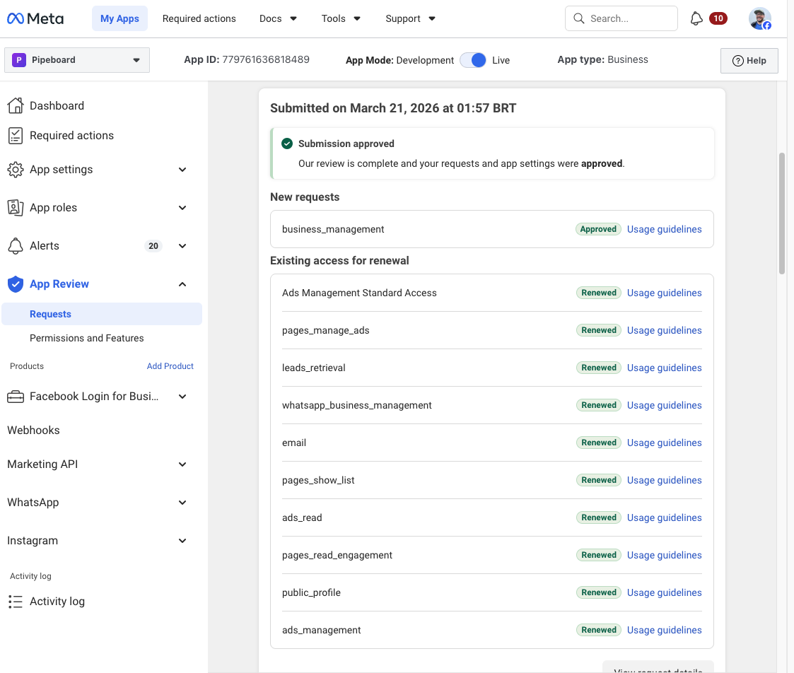 Meta permissions review showing Submission approved with all requested permissions granted